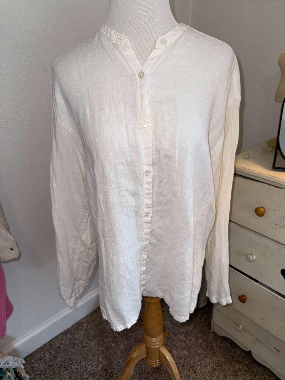 Vintage White Linen Banded Collar Long Sleeve Button Front Shirt medium